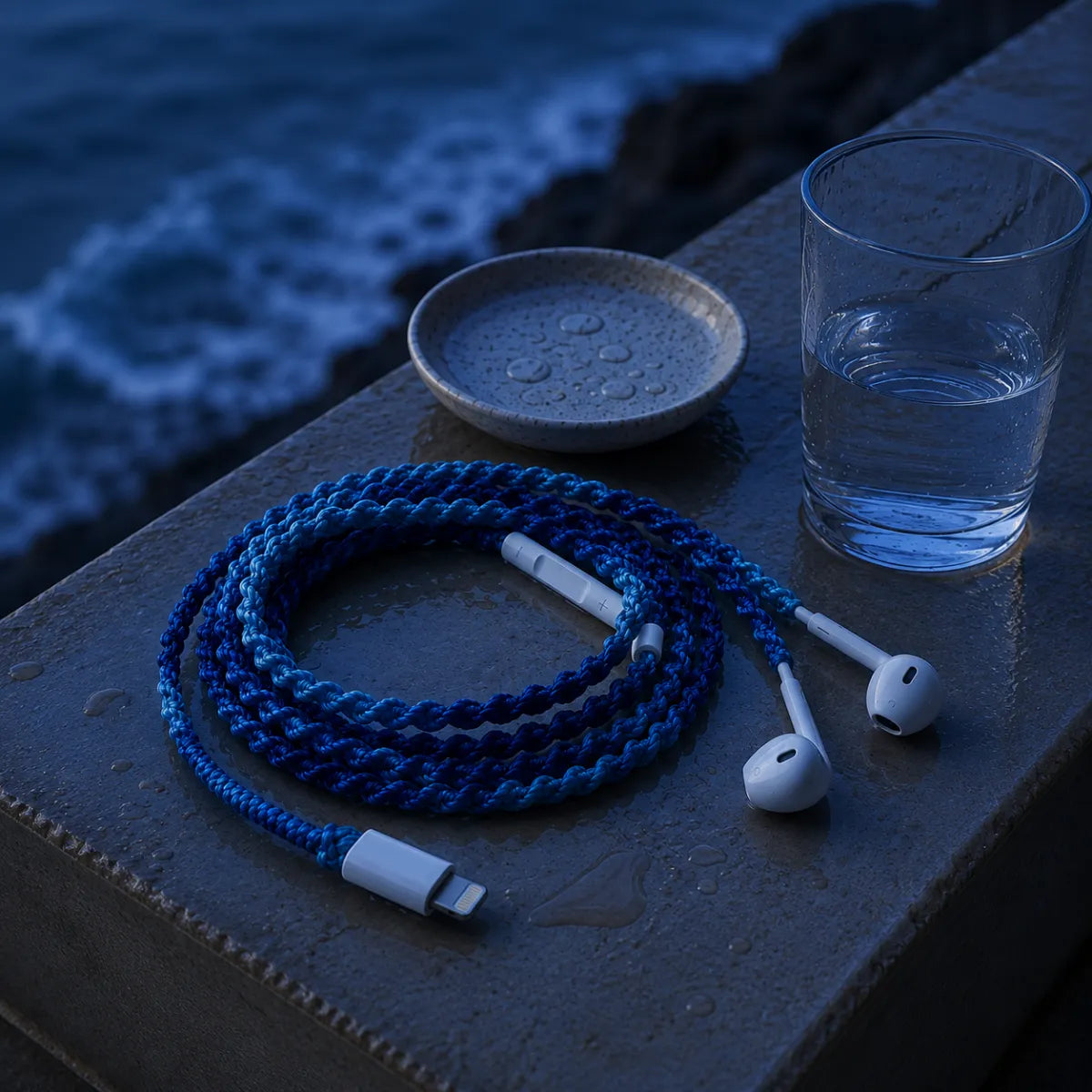  Deep ocean blue crochet wrapped earphones with white Lightning connector resting o Deep ocean blue crochet wrapped earphones with white Lightning connector resting on pale beige bathroom tile beside a glass of water and damp ceramic dish in cool blue-hour light n pale beige bathroom tile beside a glass of water and damp ceramic dish in cool blue-hour light 