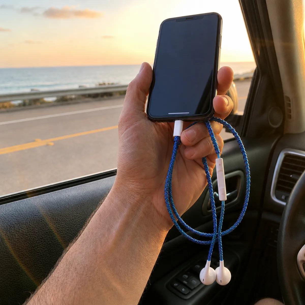  First person POV inside a car holding deep ocean blue crochet wrapped earphones and a smartphone with blurred sunlit road and ocean visible through the open passenger window 