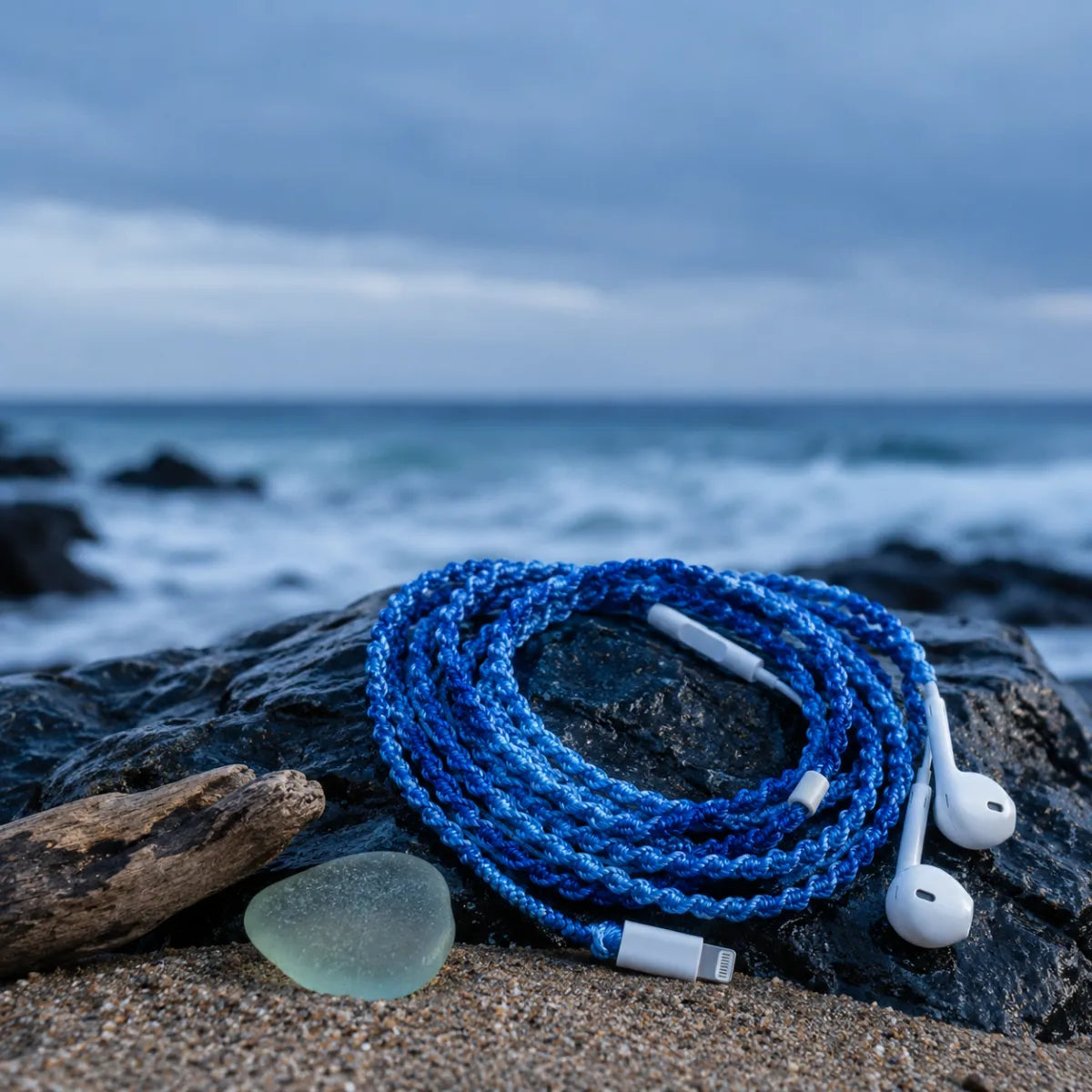  Deep ocean blue crochet wrapped earphones with white Lightning connector resting on wet dark coastal rocks beside sea glass with blurred ocean waves in background 