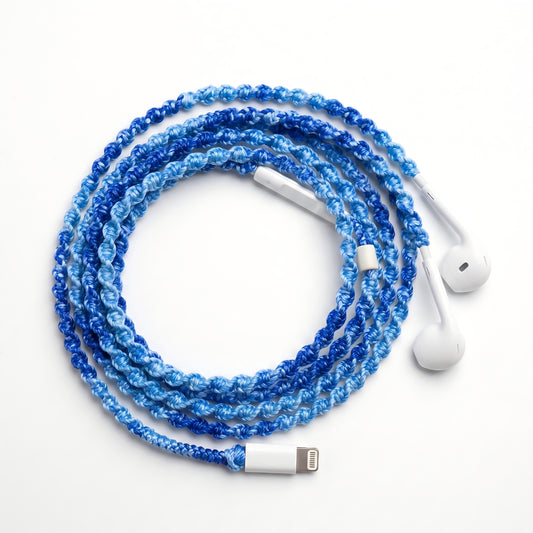 Deep ocean blue crochet earphone wrap — handmade coastal headphone accessory