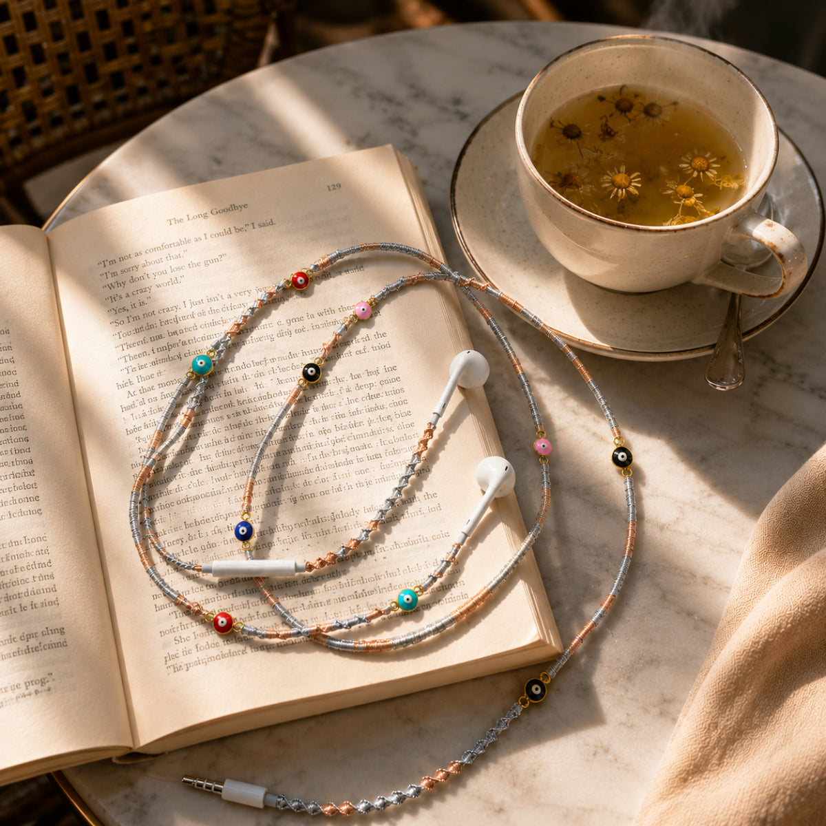 Evil Eye Earphone Wrap placed beside a cup of tea in a cozy café-inspired lifestyle setting.