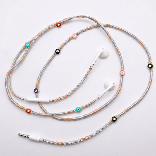Evil Eye Hand-Wrapped Wired Earphones — Gold & Silver Protective Charms