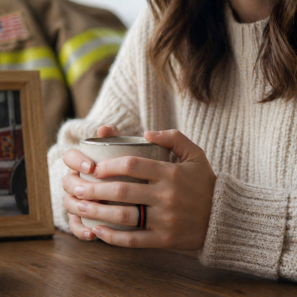 firefighter family tribute silicone ring worn during quiet daily moment  