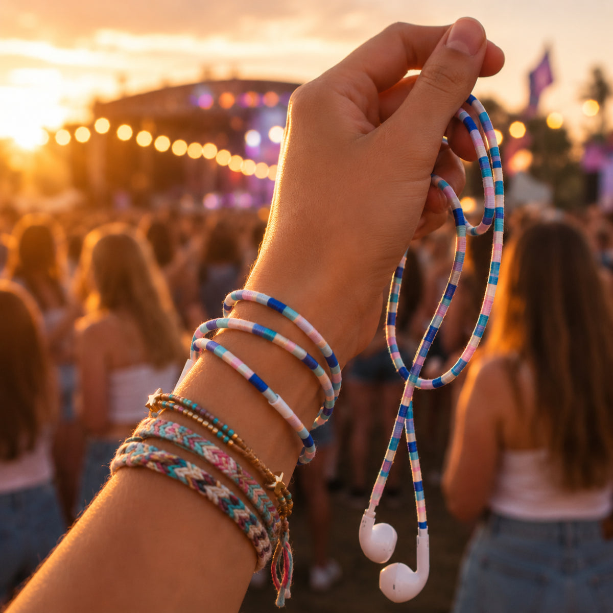 Hand holding a Friendship Bracelet Earphone Wrap with colorful handmade braided cord and friendship bracelets at an outdoor summer festival.