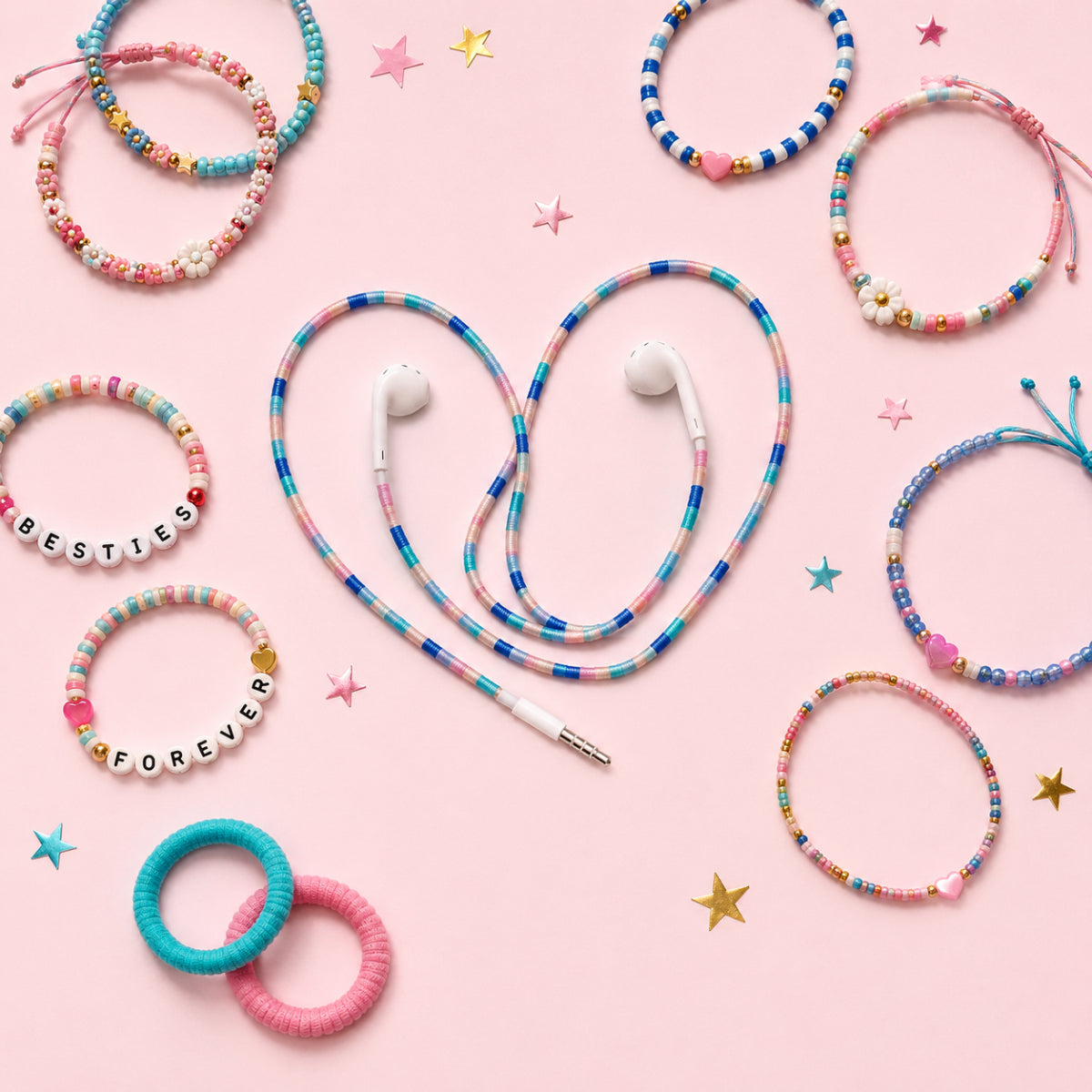 Friendship Bracelet Earphone Wrap arranged in a heart shape on a pastel background surrounded by friendship bracelets and accessories.