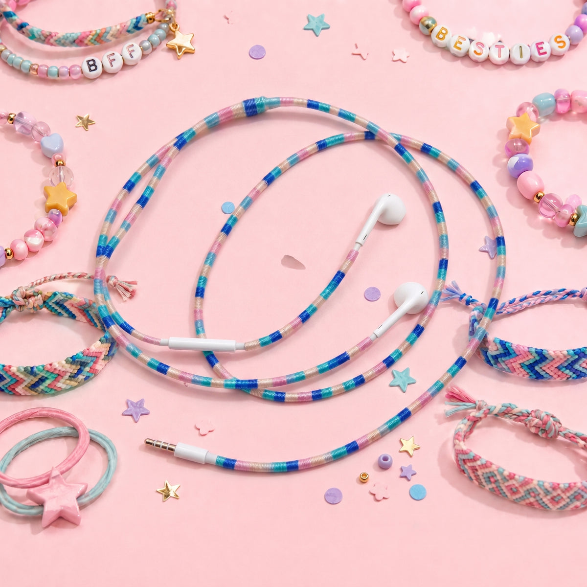 Colorful Friendship Bracelet Earphone Wrap displayed on a pastel pink background with playful handmade accessories.