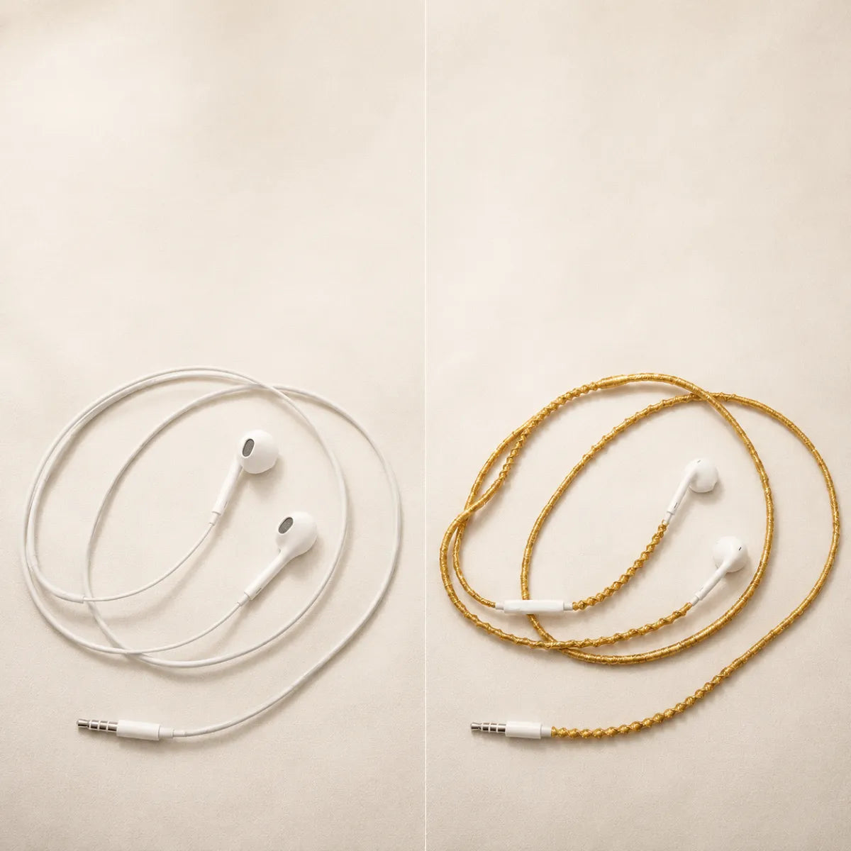  Side by side comparison of plain white earphones versus the same earphones wrapped in pearlescent gold thread, jewelry-style upgrade for wired earbuds 