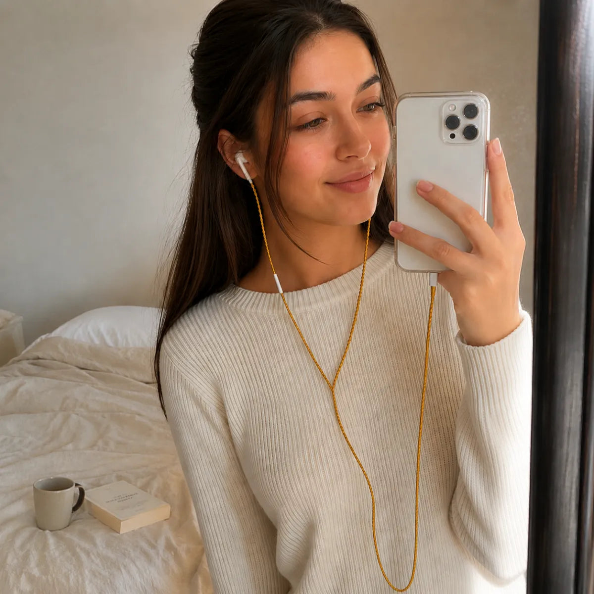  Young woman in cream knit sweater taking bedroom mirror selfie with gold wrapped earphones worn as delicate necklace draped at collarbone, quiet luxury wired earphone aesthetic 