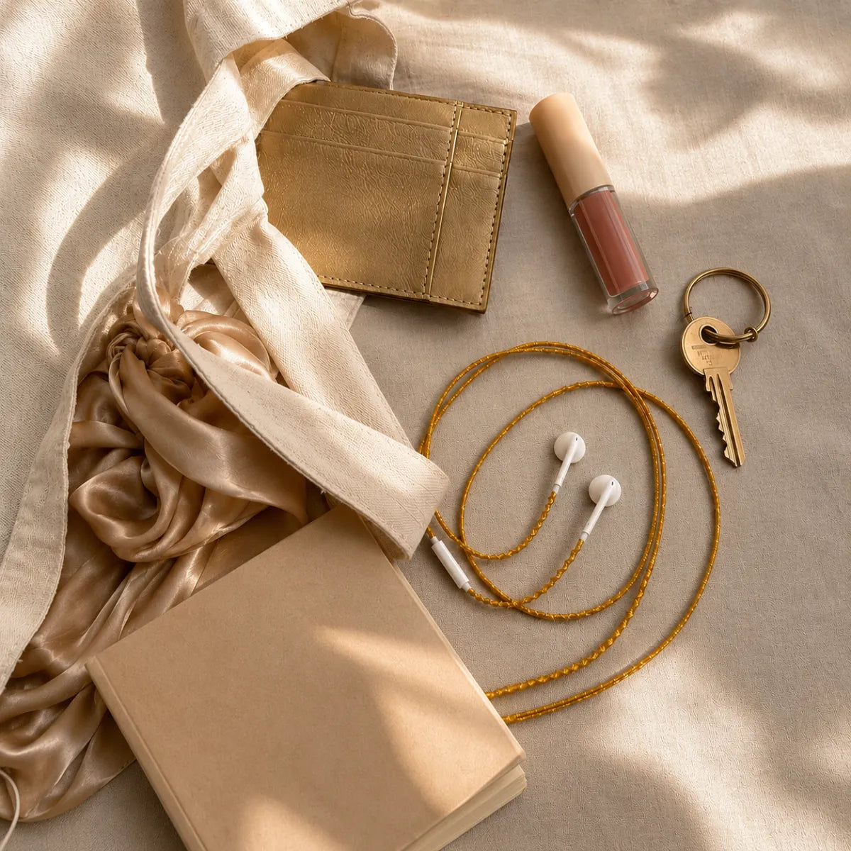  Cream tote bag contents flat lay including gold wrapped earphones, gold cardholder, nude lip oil, and brass key ring on beige linen for quiet luxury everyday carry 