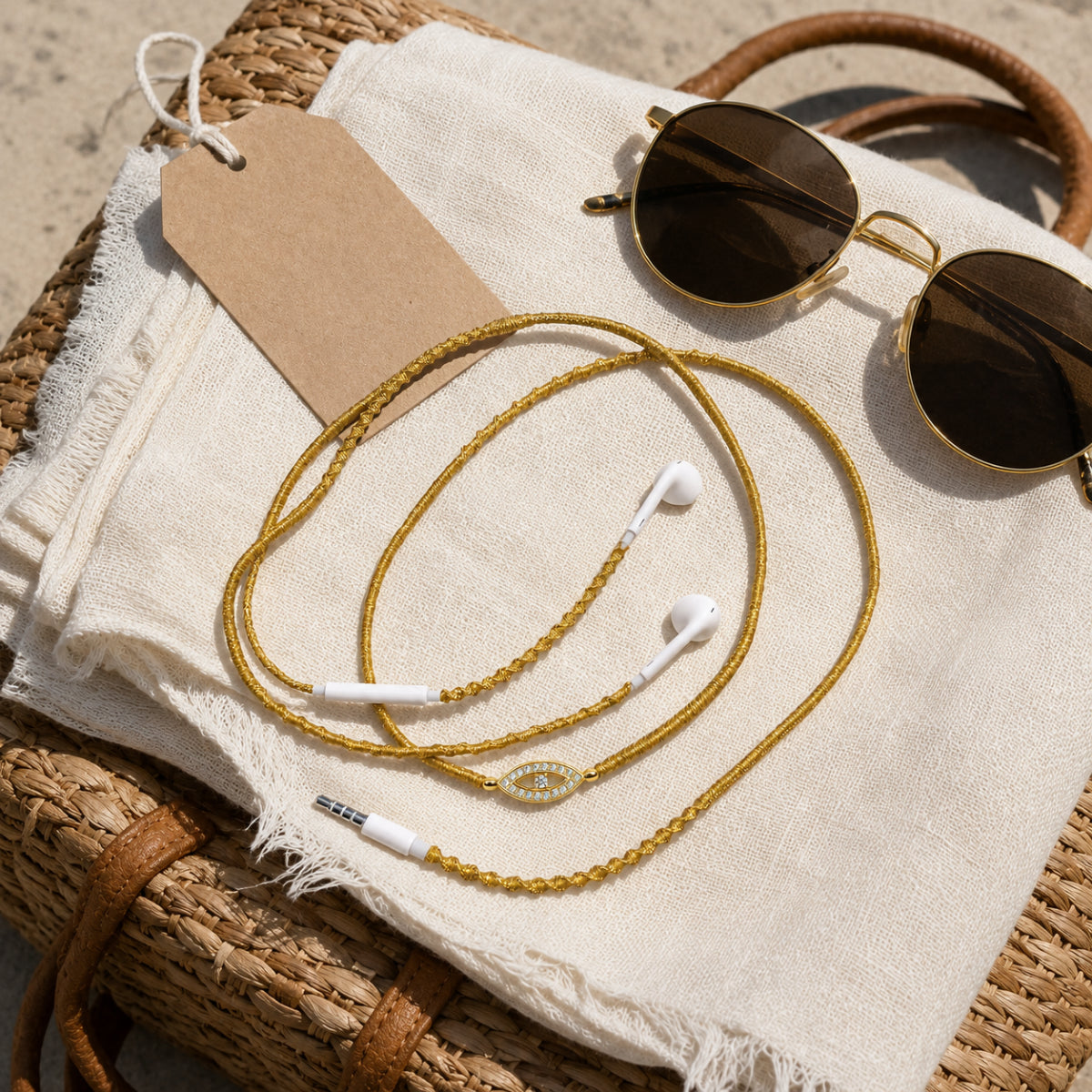  Top-down travel snapshot of gold evil eye earphones coiled on linen scarf and woven straw bag with gold sunglasses