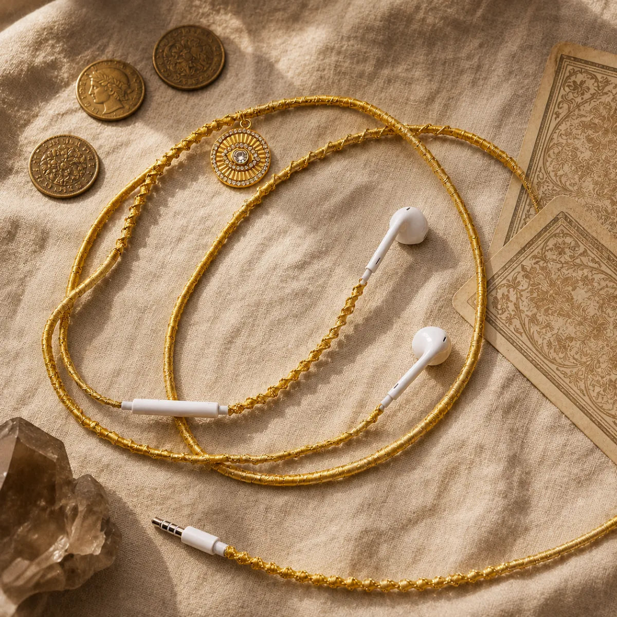  Gold evil-eye-medallion earphones on beige linen with vintage brass coins, face-down patterned cards and smoky quartz, bohemian altar flat-lay 