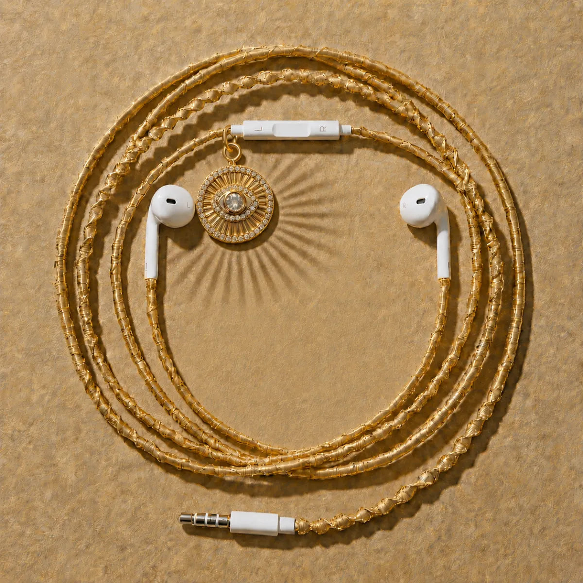  Gold wrapped earphones with sunburst evil-eye medallion in a circular halo composition on sand-beige backdrop with radiating shadow rays, talisman hero ad 