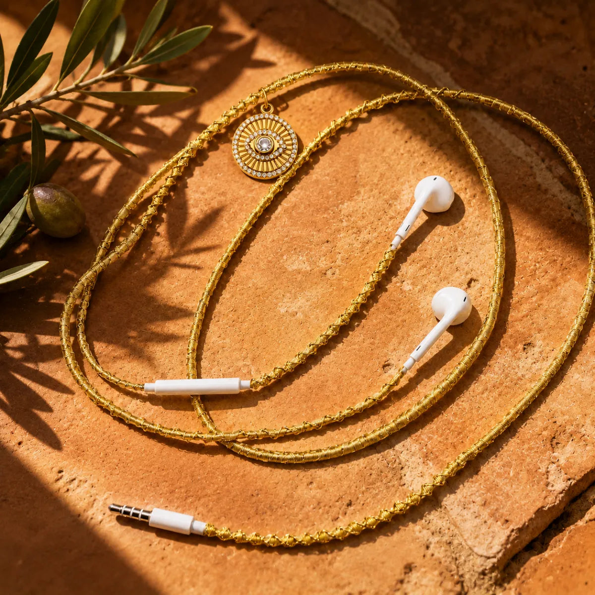  Gold evil-eye-medallion earphones across terracotta floor tiles with olive branches and clay dish of dried lavender in dappled afternoon sunlight 
