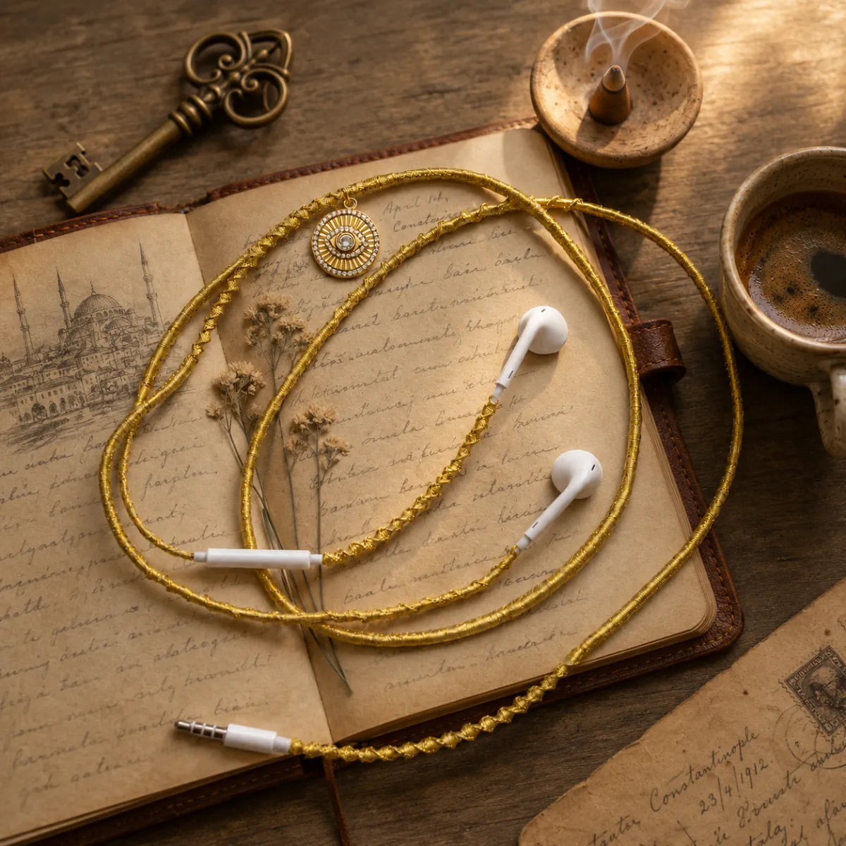  Gold evil-eye-medallion earphones across an open vintage leather travel journal with brass key, smoking incense holder and small espresso mug 
