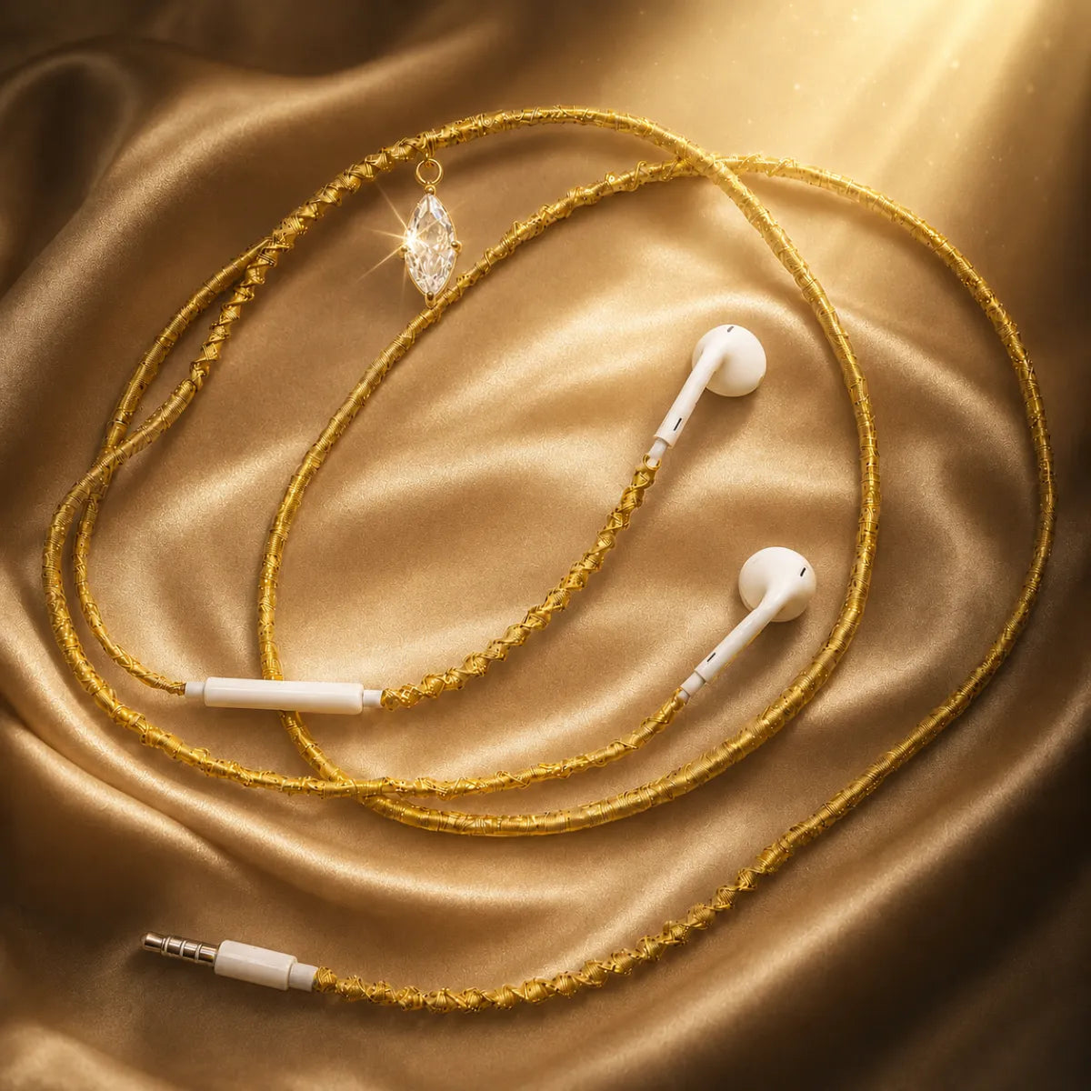  Gold marquise-crystal earphones spiraled on champagne satin fabric under warm cinematic spotlight, luxury fragrance-ad style 