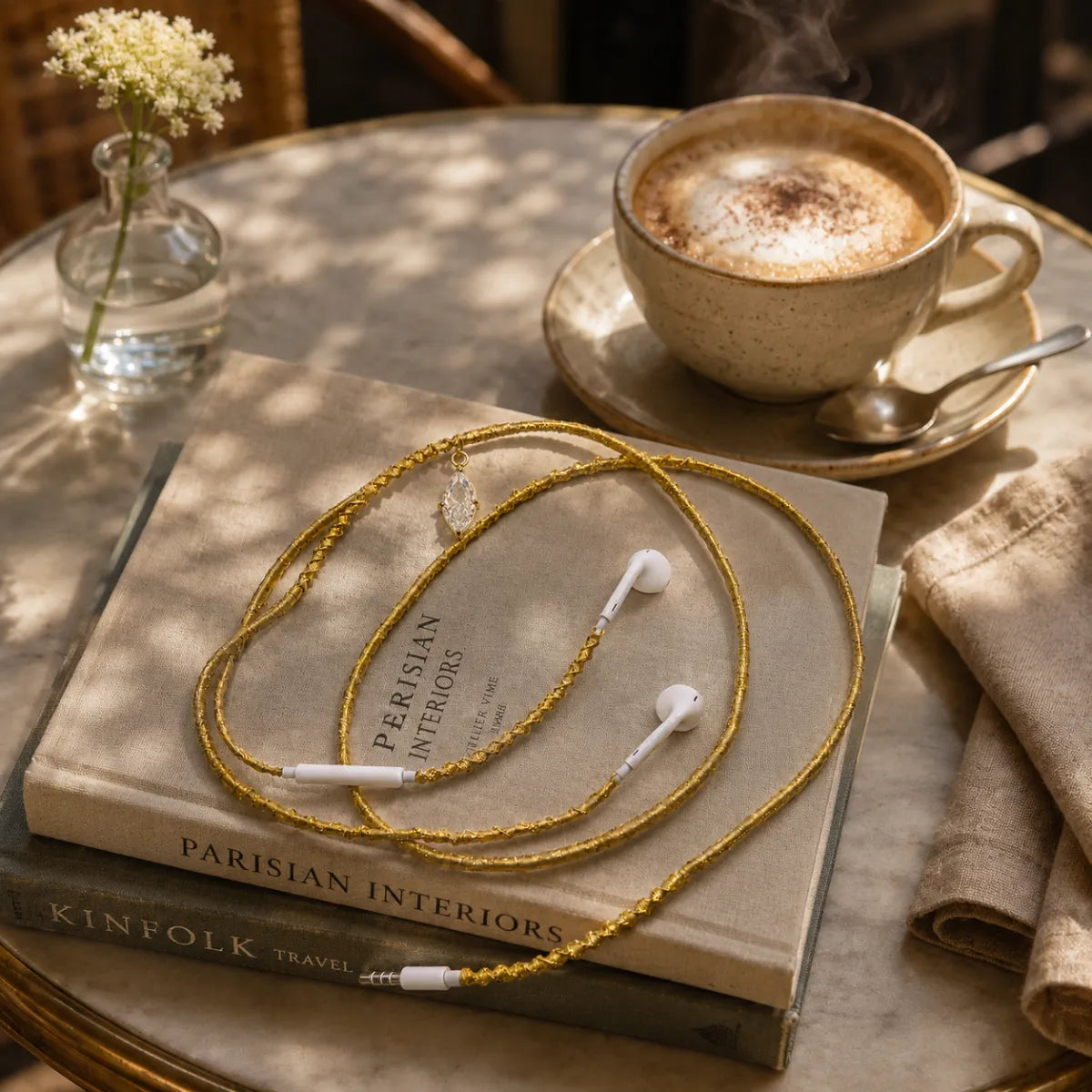  Gold marquise-crystal earphones across a stack of hardcover art books on a café table with cappuccino and wildflower in a small vase, slow-afternoon lifestyle 