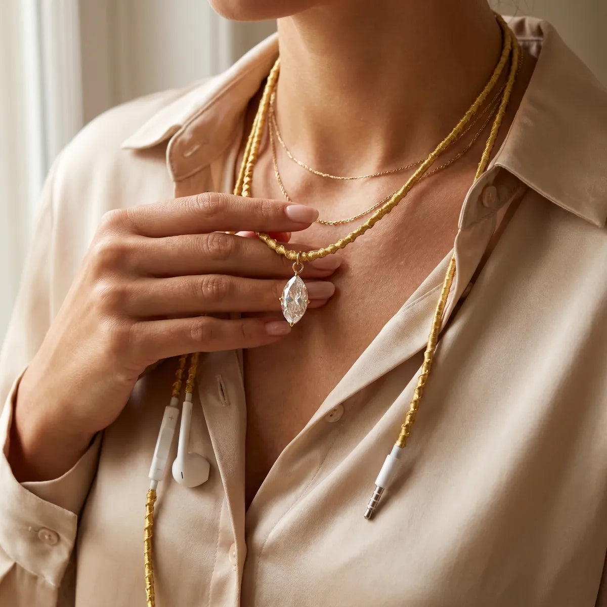  Gold marquise-crystal earphones held near a woman's collarbone in a champagne silk blouse with delicate layered gold necklaces, refined lifestyle shot 