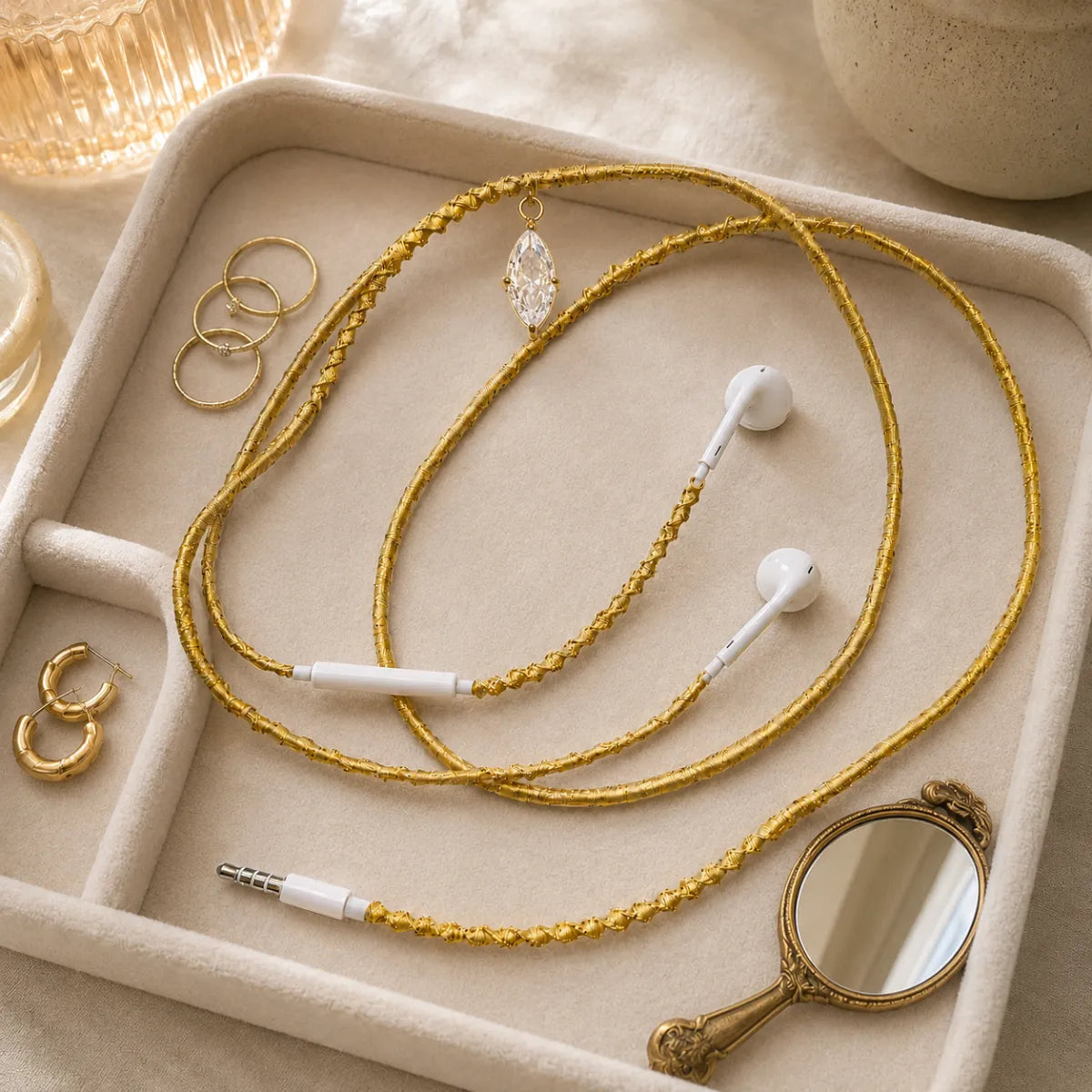  Gold earphones with marquise crystal pendant inside a cream velvet jewelry tray with gold stacking rings, small hoops and round mirror 