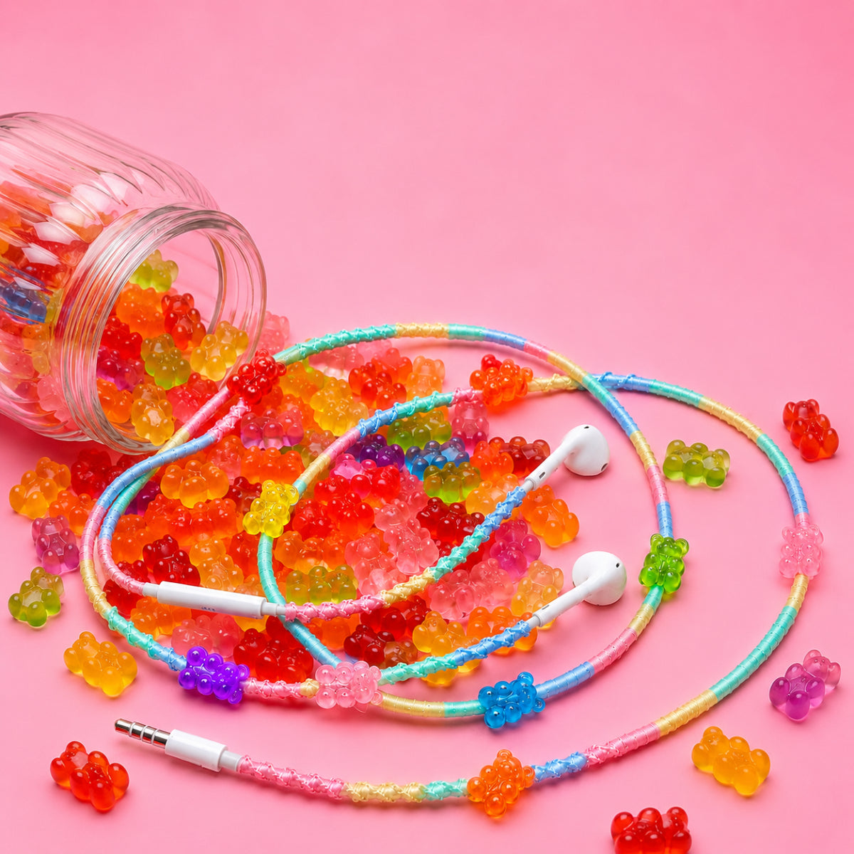 Gummy Bear Earphone Wrap with rainbow cord and colorful candy bear charms displayed among gummy bear candies on a pink background.