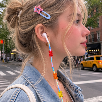 Woman wearing Gummy Bear Earphone Wrap with colorful candy bear charms in a casual street-style setting.
