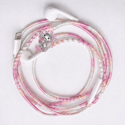 Kawaii cute pink earphone charm wrap — sweet companion character handmade headphone
