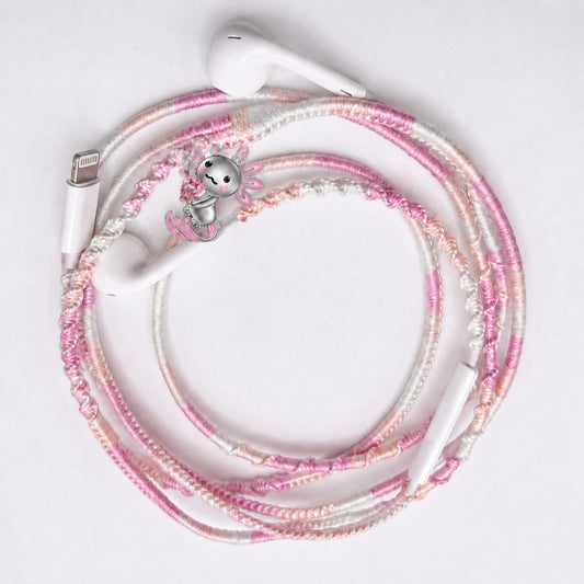 Kawaii cute pink earphone charm wrap — sweet companion character handmade headphone