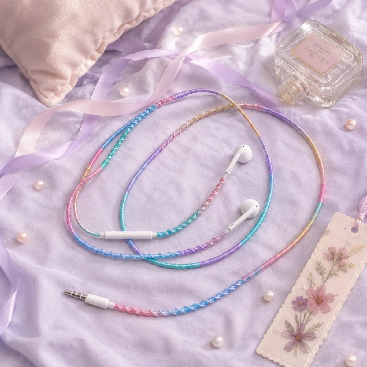  Pale lavender bedding photo dump with lavender dominant pastel gradient wrapped earphones laid alongside thin silk ribbons in lilac and blush plus scattered pearls 