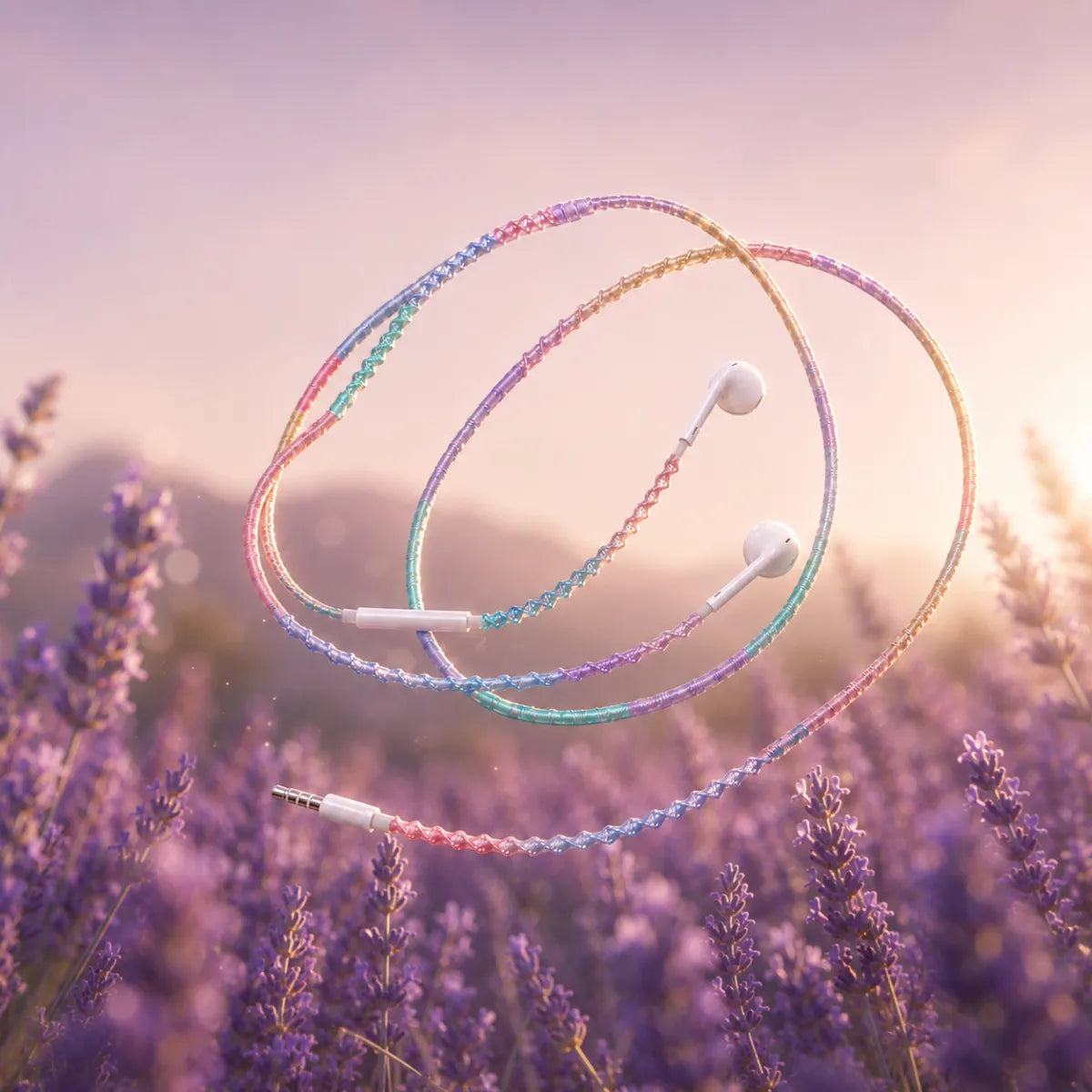  Lavender dominant pastel gradient wrapped earphones hovering above a sunlit lavender flower field with soft purple bokeh for fairycore aesthetic ad 