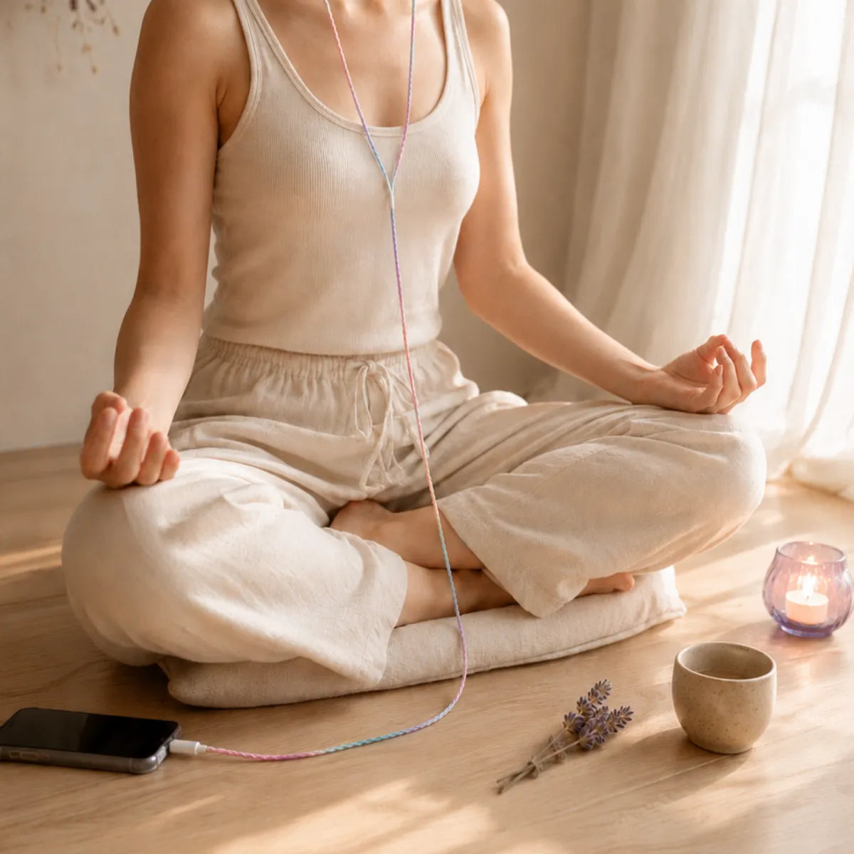  Person sitting cross-legged on a pale wood floor wearing lavender dominant pastel gradient wrapped earphones with the cord draped at the neck in a calm meditation corner 