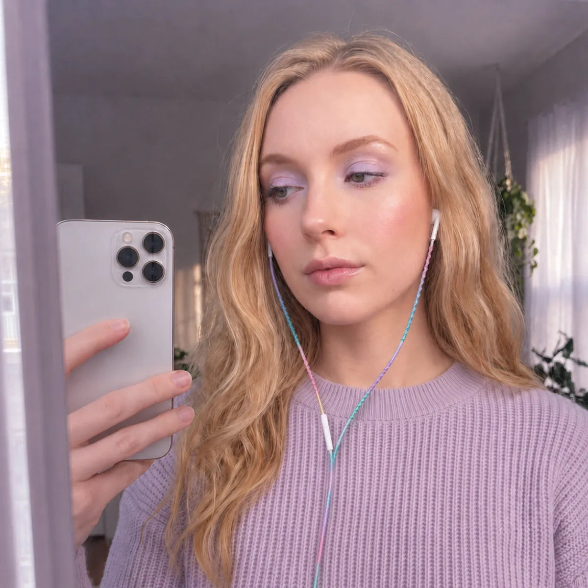  Bedroom mirror selfie of ethereal young woman in lavender ribbed knit sweater with lavender dominant gradient wrapped earphones as a soft fairycore necklace 