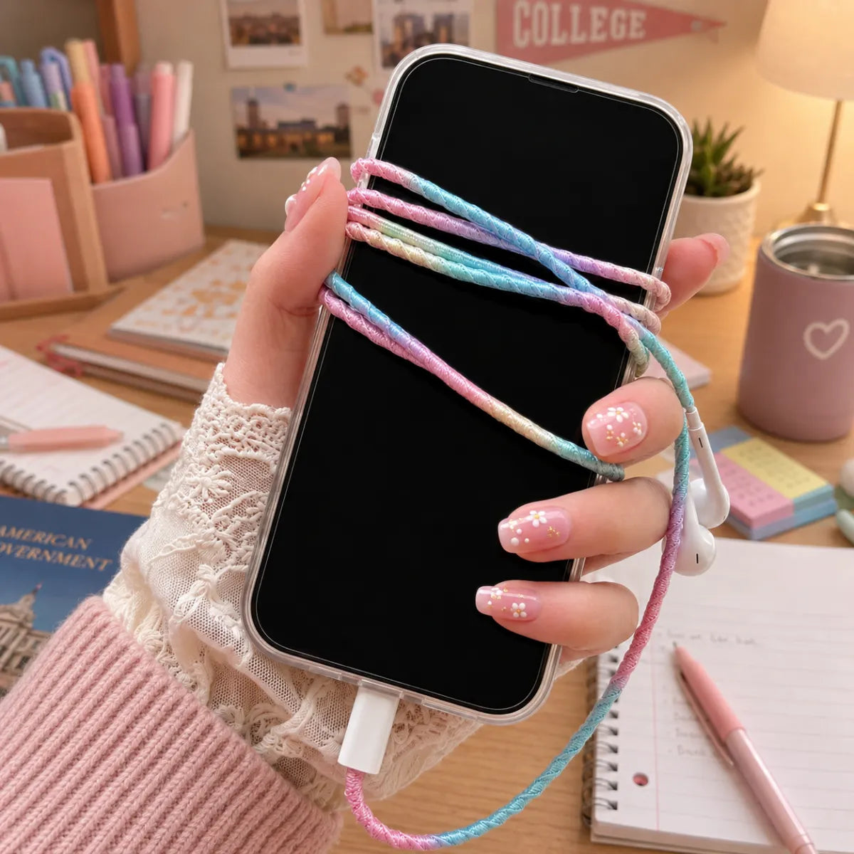  First person POV of hand plugging lavender dominant pastel gradient wrapped earphones into a smartphone with soft purple-tinged window light filtering through sheer curtains 