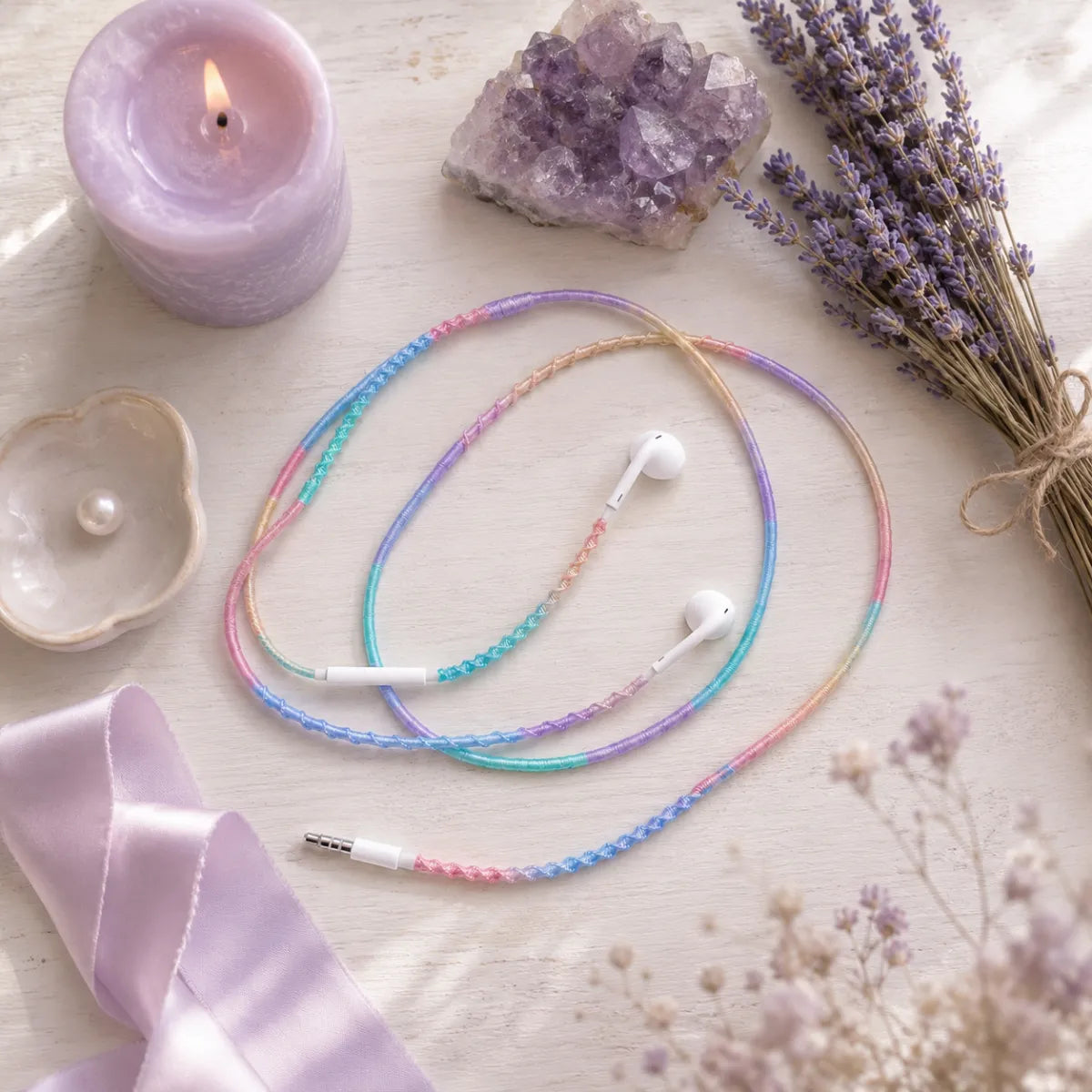  Soft fairycore desk altar flat lay with lavender dominant pastel gradient wrapped earphones beside a purple candle, amethyst crystal, dried lavender bundle, and a small ceramic dish 