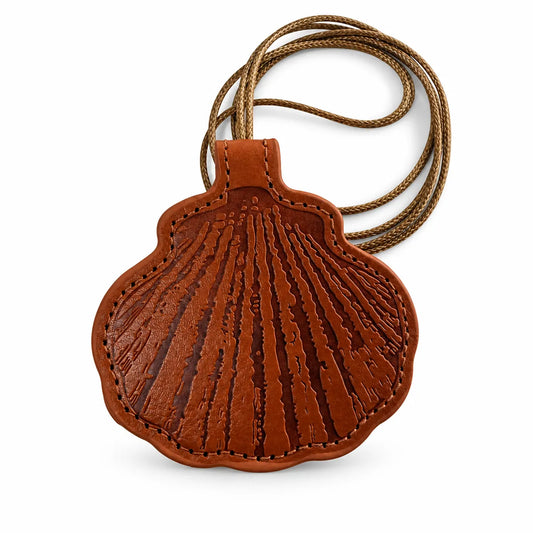 seashell wired earbuds case in brown vegan leather, front view