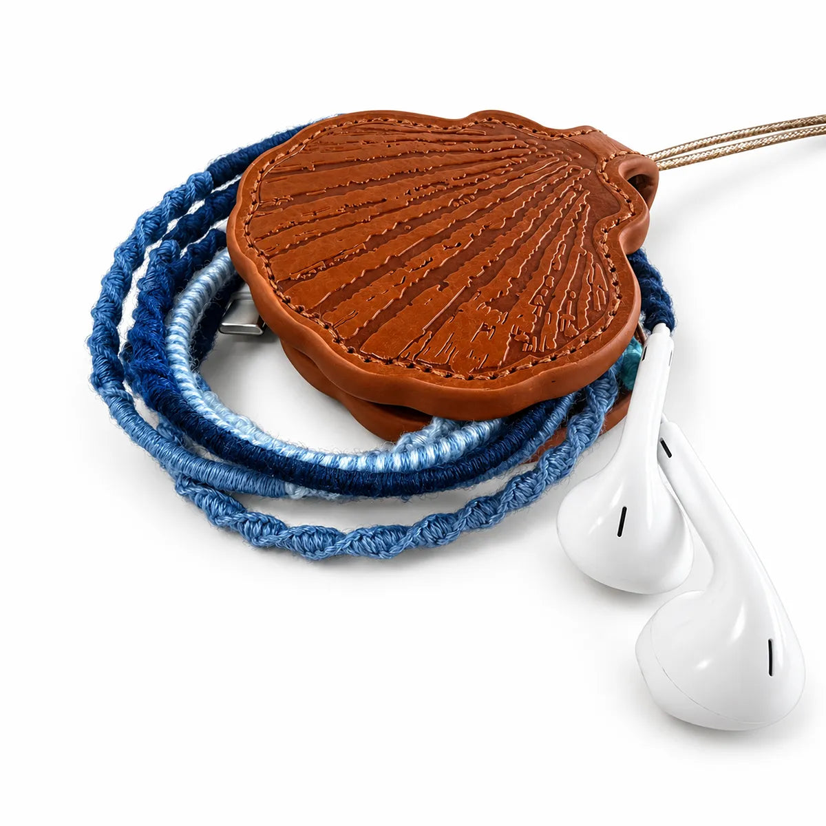 seashell earphone case with blue braided wired earbuds