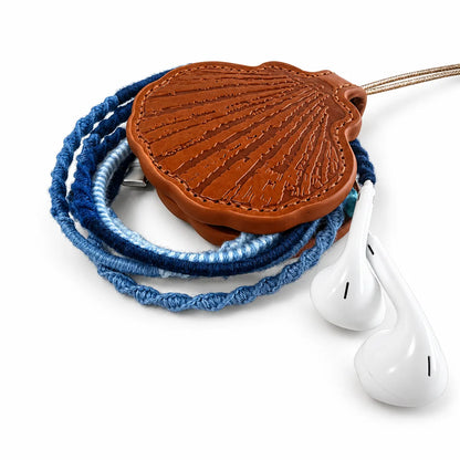 seashell earphone case with blue braided wired earbuds