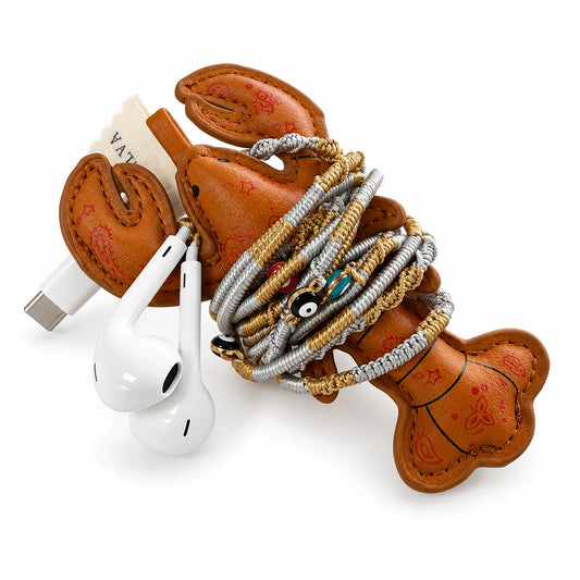 lobster earphone holder with braided wired earbuds wrapped around it
