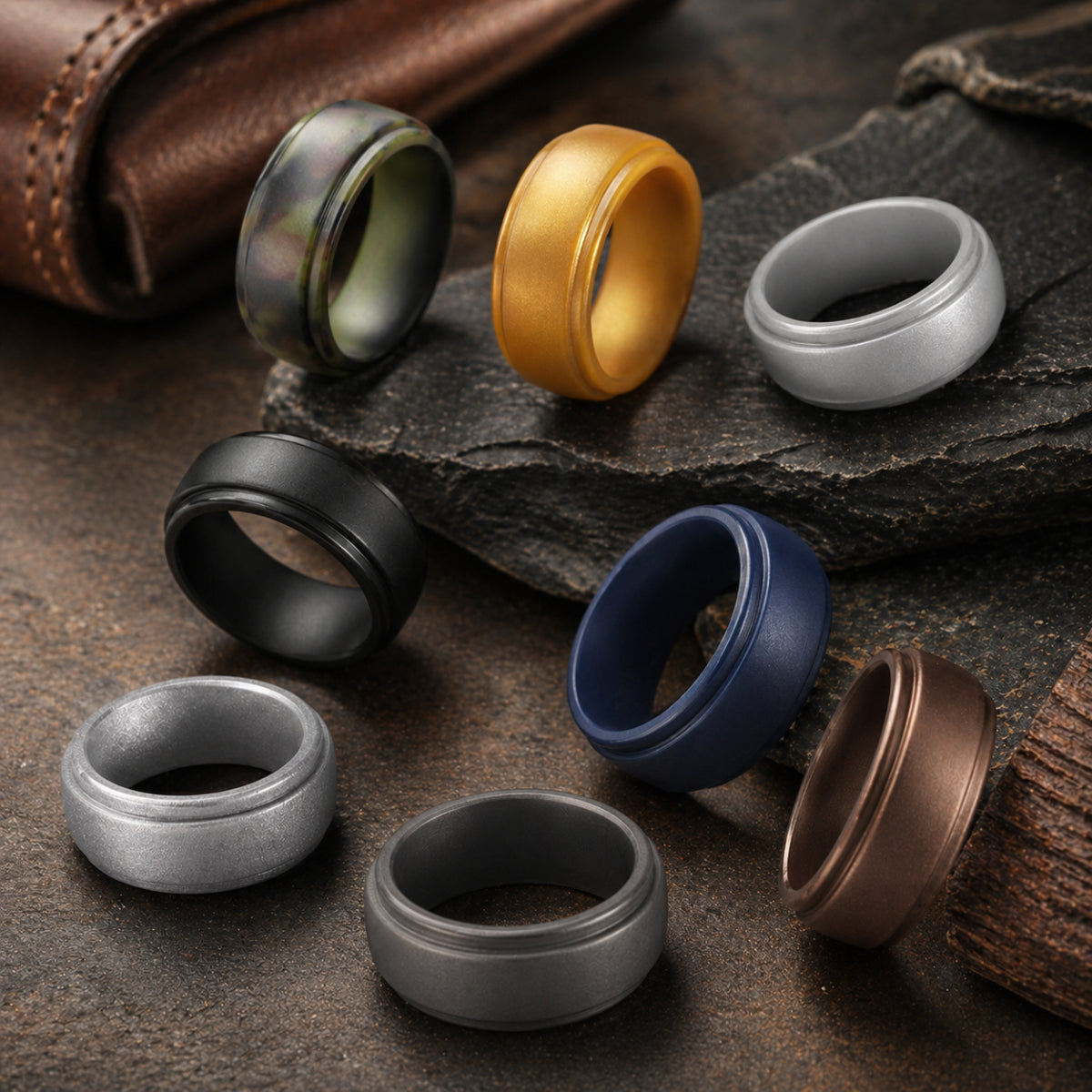 Men's 202 silicone rings in multiple rugged colors with grooved band design for outdoor, work and everyday wear
