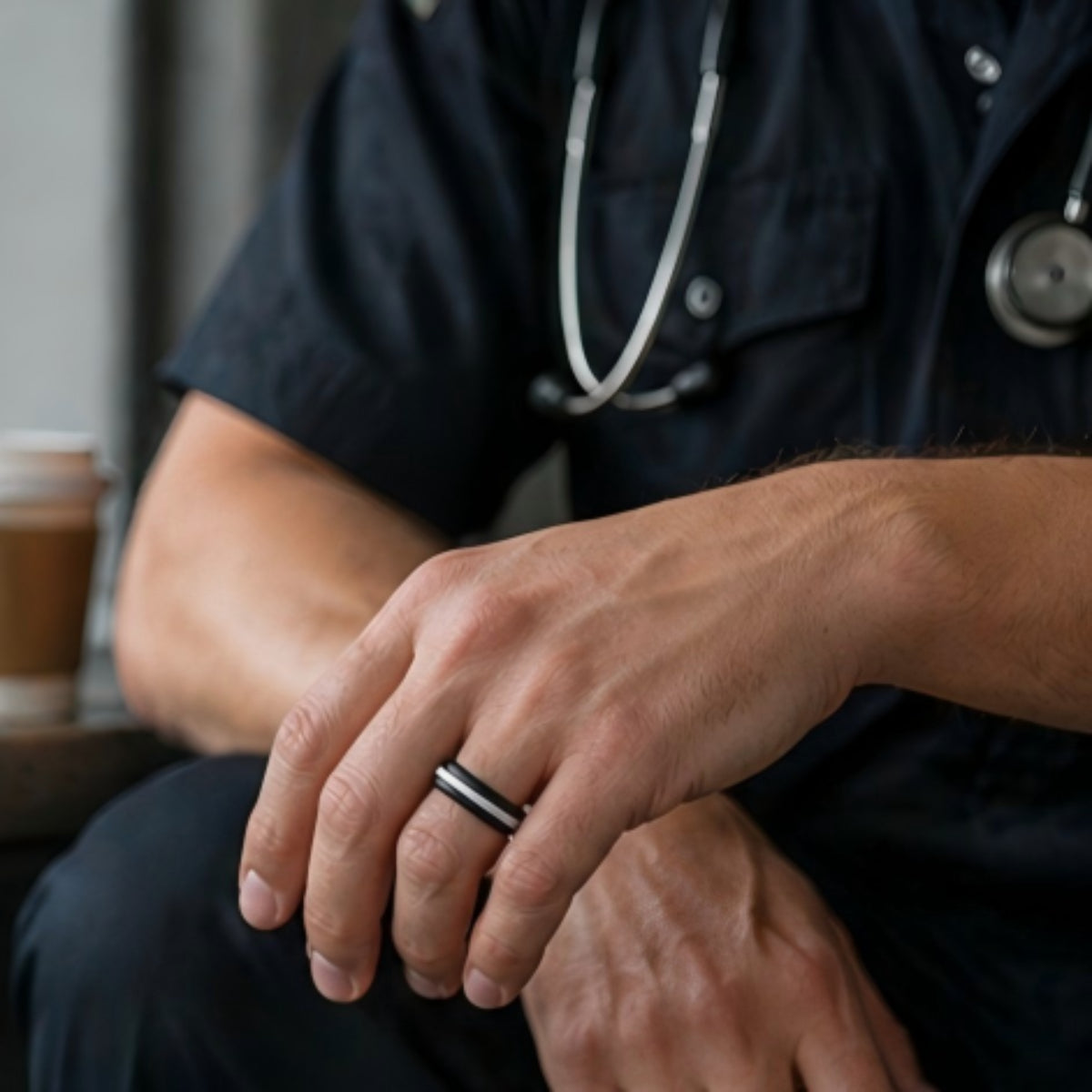 men's EMS tribute silicone ring in black and duty white worn during station life