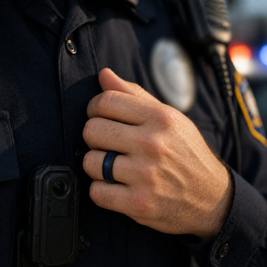 men's police tribute silicone ring in black and honor blue worn with duty uniform