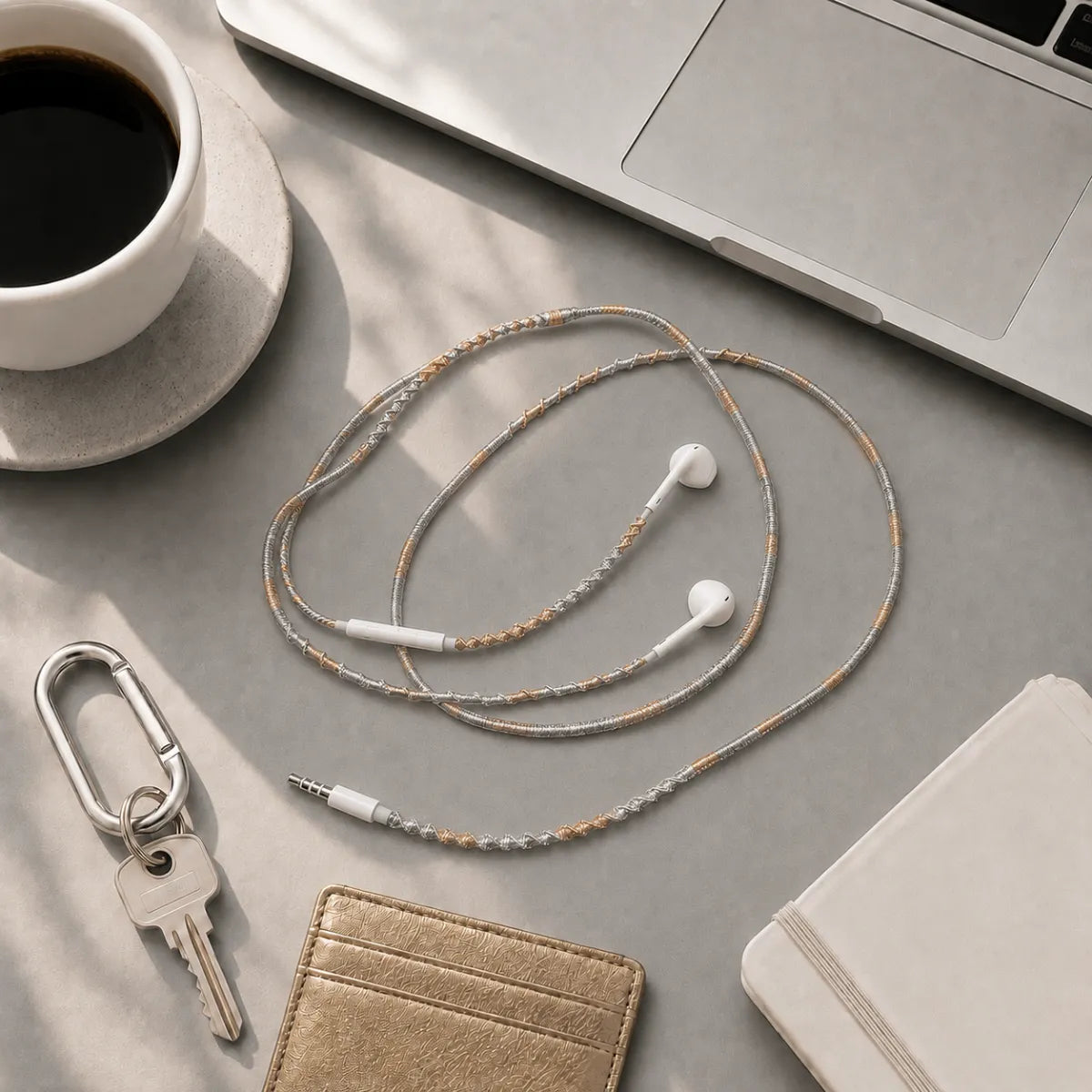  Minimal workspace flat lay with open silver laptop, silver keychain, gold card wallet, and mixed metal wrapped earphones coiled in a perfect loop on cool grey desk surface 