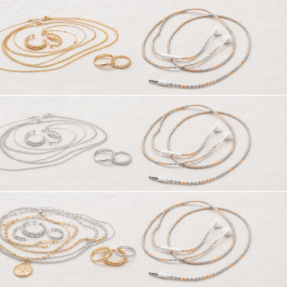  Three flat lay tiles showing the same mixed metal earphones paired with all-gold stack, all-silver stack, and mixed metal stack proving one cord matches every jewelry combination 
