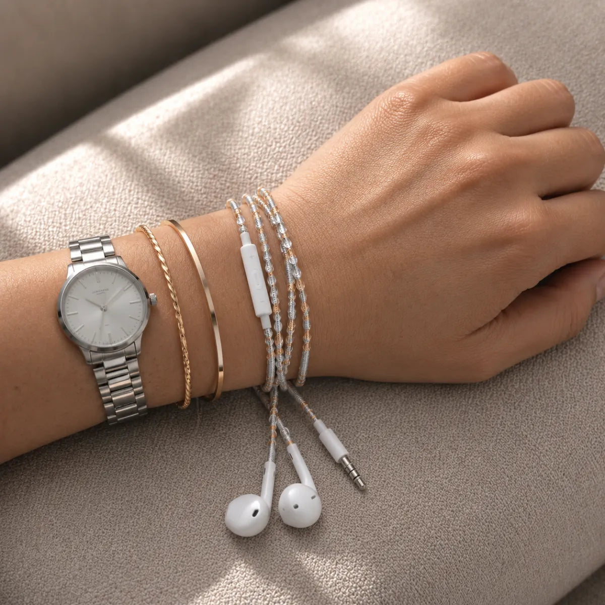  Wrist wearing stacked gold and silver bracelets and a silver wristwatch with mixed metal wrapped earphones draped across the hand in soft window light 