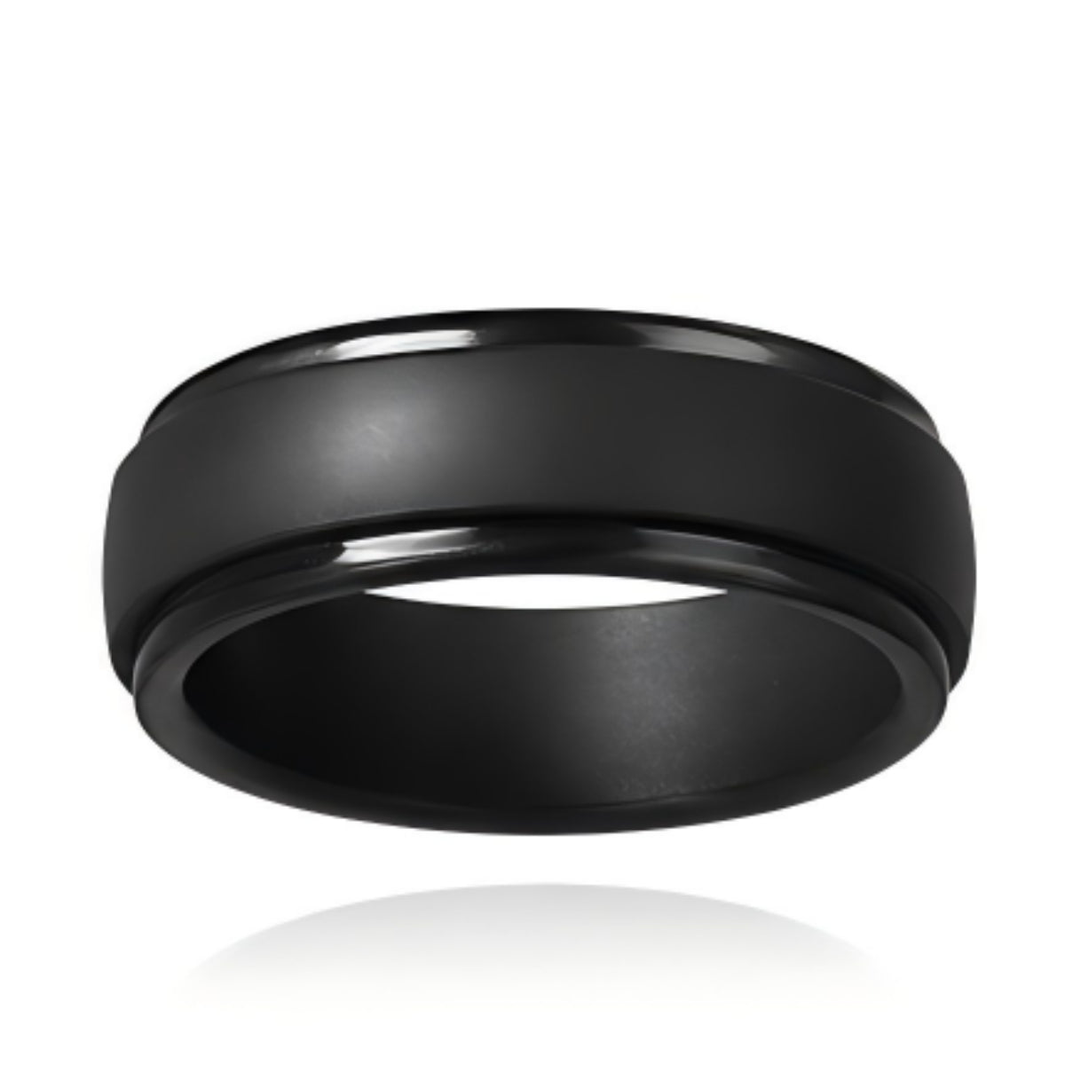 Norelva polished step edge silicone ring for men in Midnight Black on white background