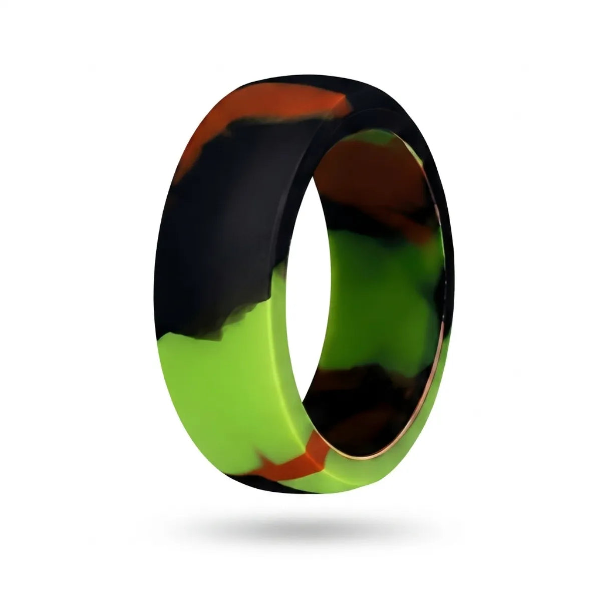 Norelva men's classic silicone ring in Woodland Camo, comfort fit rubber wedding band on white background