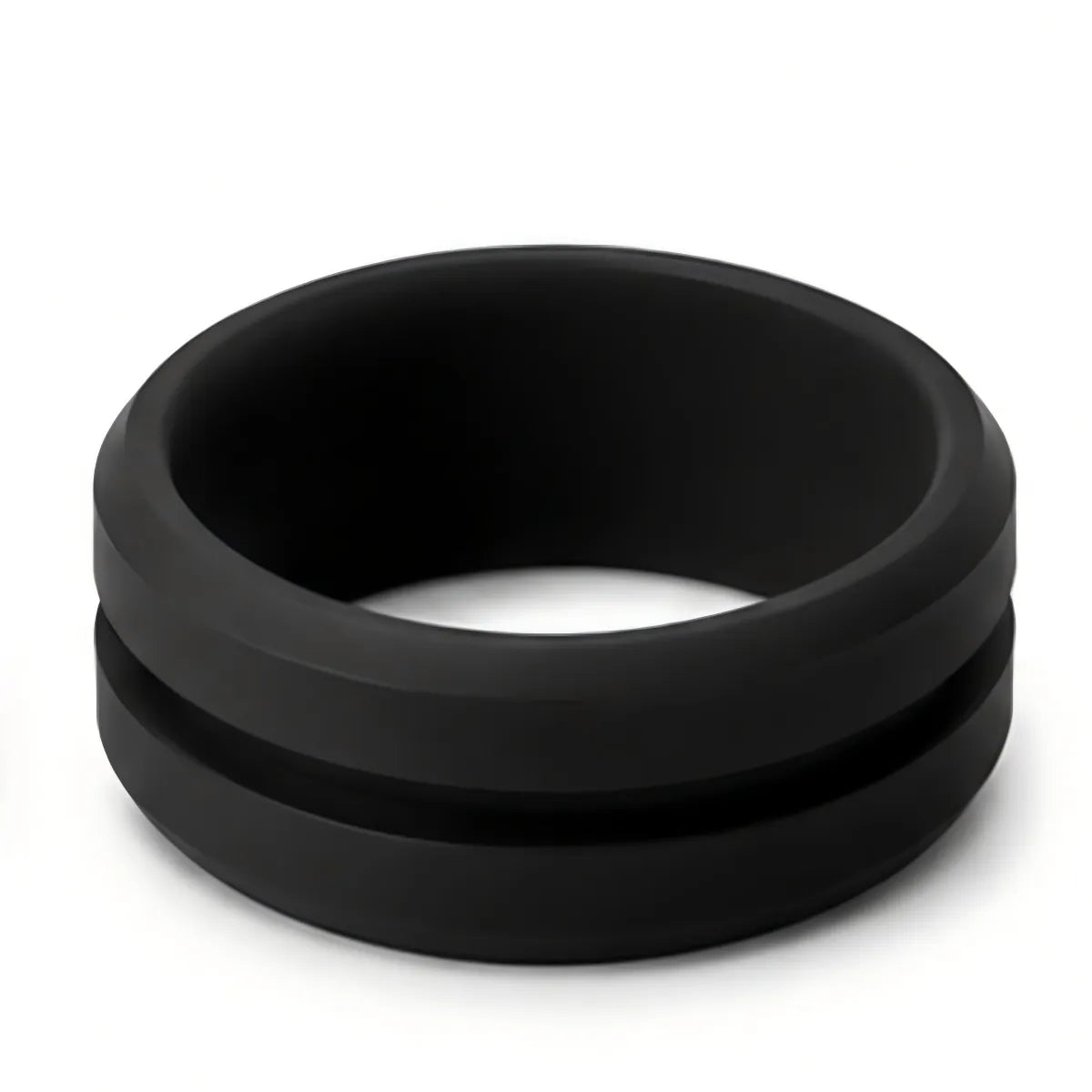 Norelva men's V-groove silicone wedding ring in Midnight Black on white background