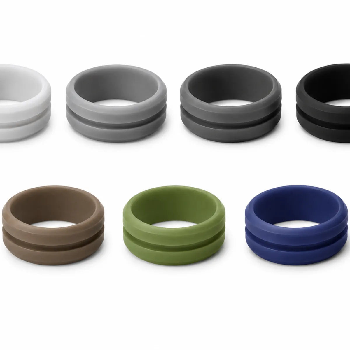 Norelva men's V-groove silicone wedding ring set view on white background