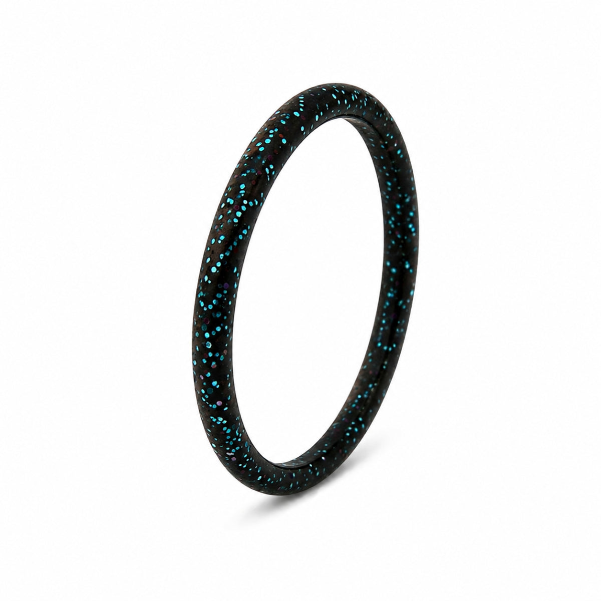 Norelva glitter silicone ring for women in Midnight Aurora, thin sparkle band on white background