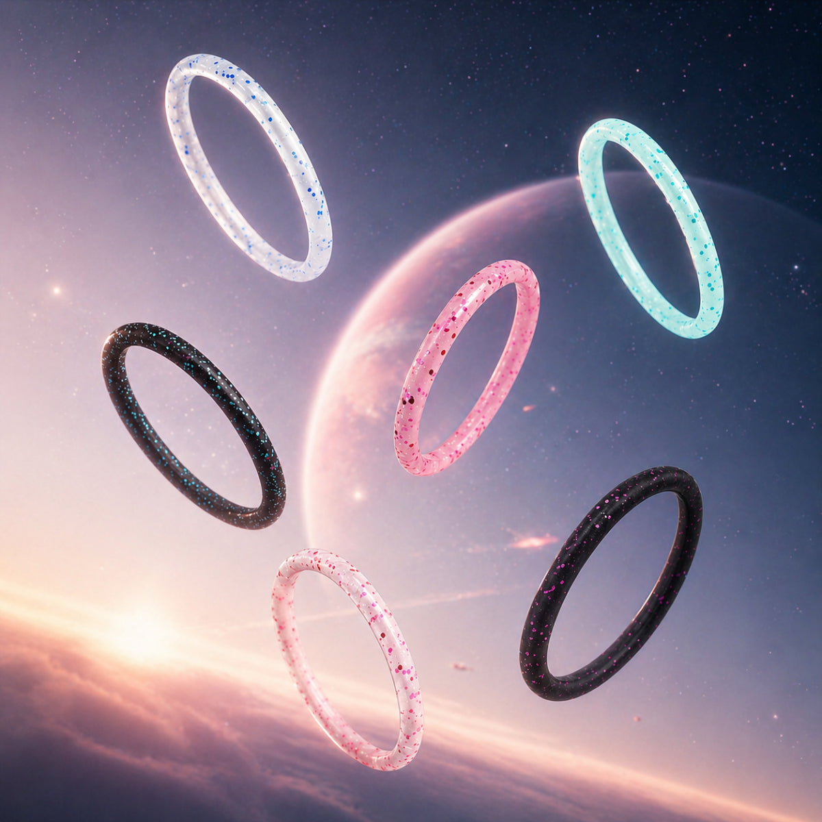 Norelva glitter silicone rings for women in six sparkle colors floating in a galaxy-inspired scene