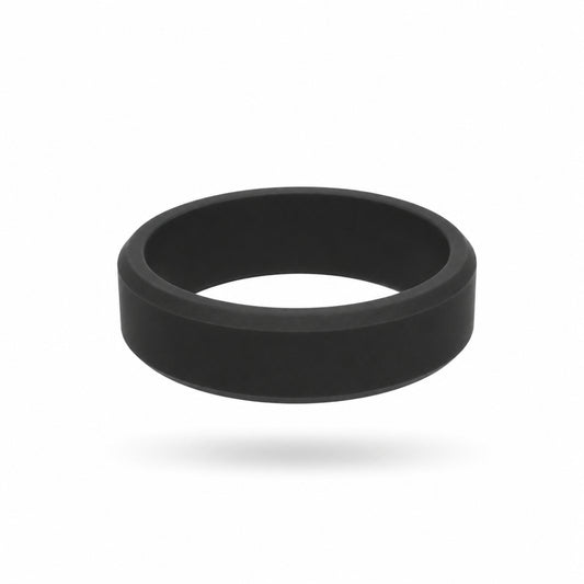 Norelva men's silicone wedding ring in Midnight Black, 8mm beveled edge comfort fit on white background