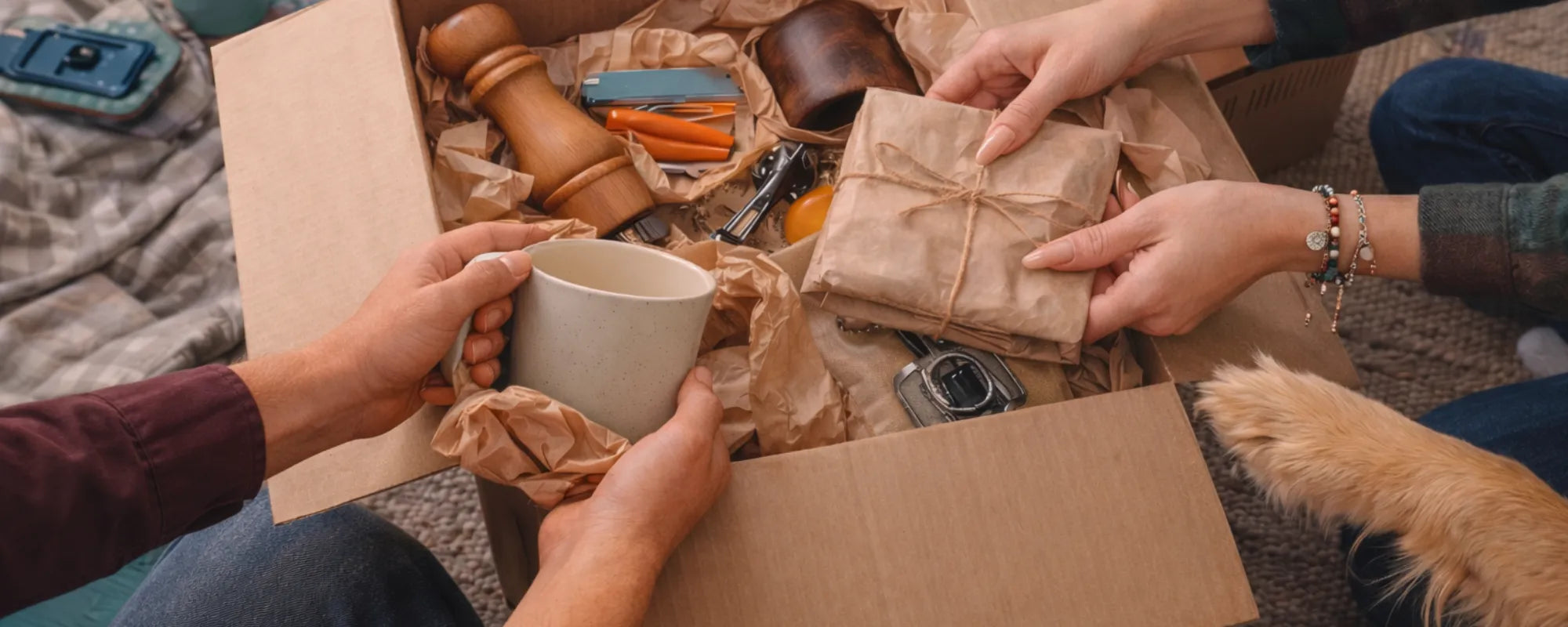 Norelva home lifestyle banner featuring a couple and their dog unpacking modern home goods in a warm living space
